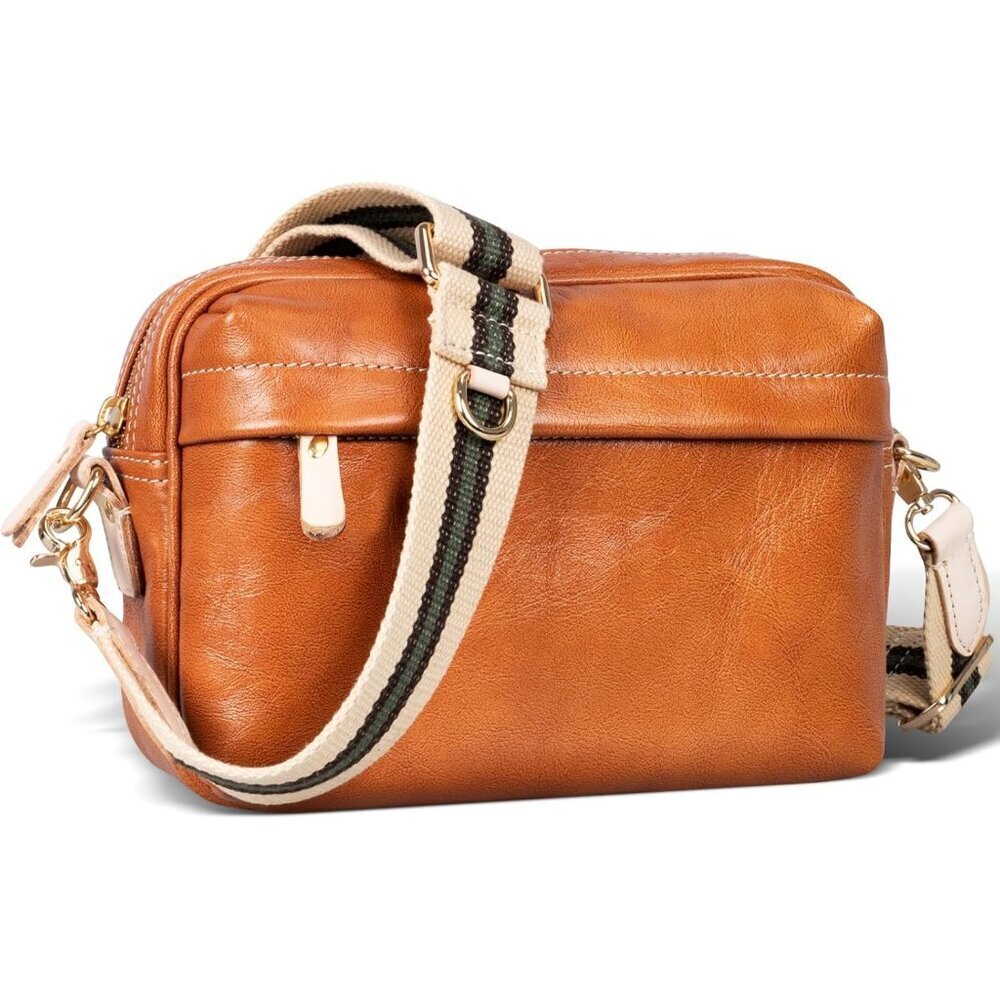 Leather Crossbody Bag Full-Grain Orange Brown Retro Style Camera Messenger